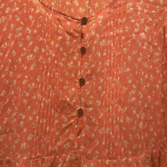 J.Crew Coral Print Silk Blouse-Peplum Hem-Flutter Sleeve-Sz M-Cottagecore-Boho - Picture 3 of 8